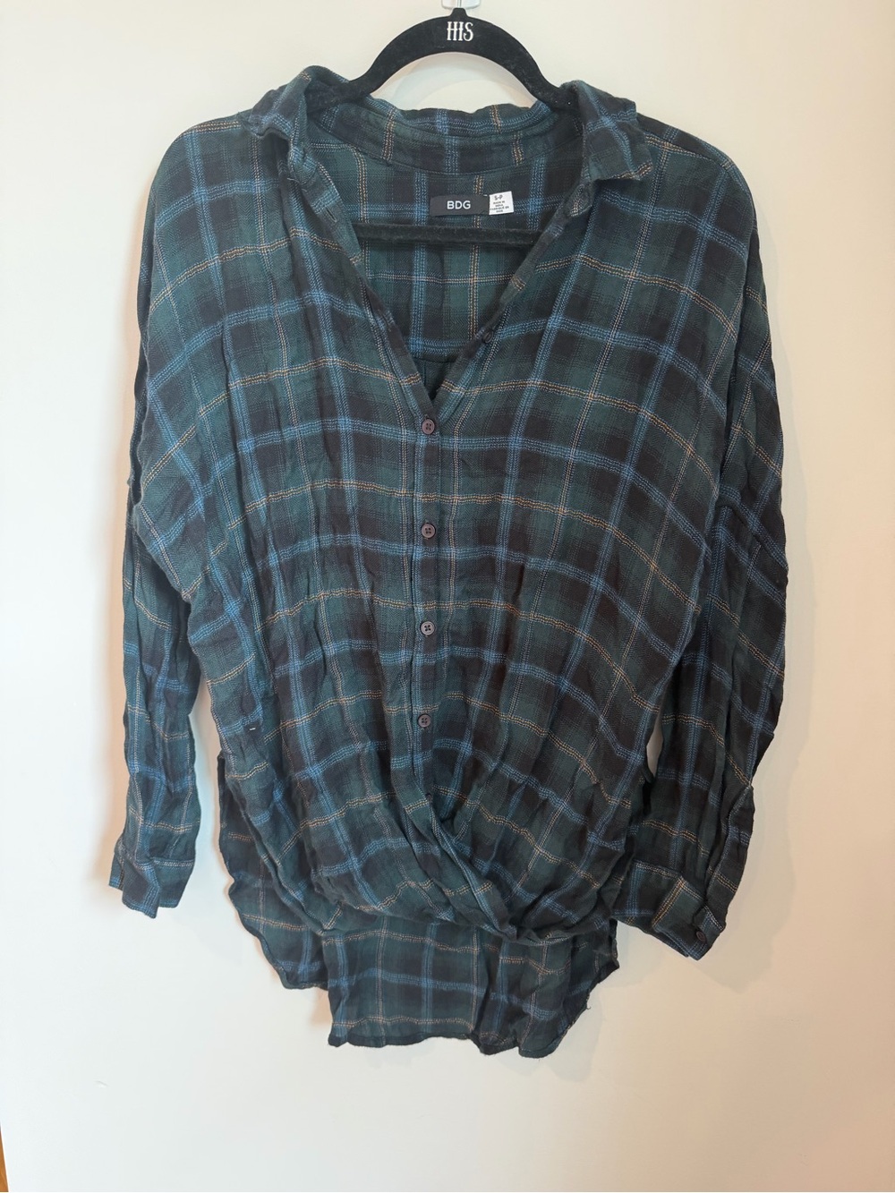 BDG Women's Teal and Navy Plaid Button-Front Shirt
